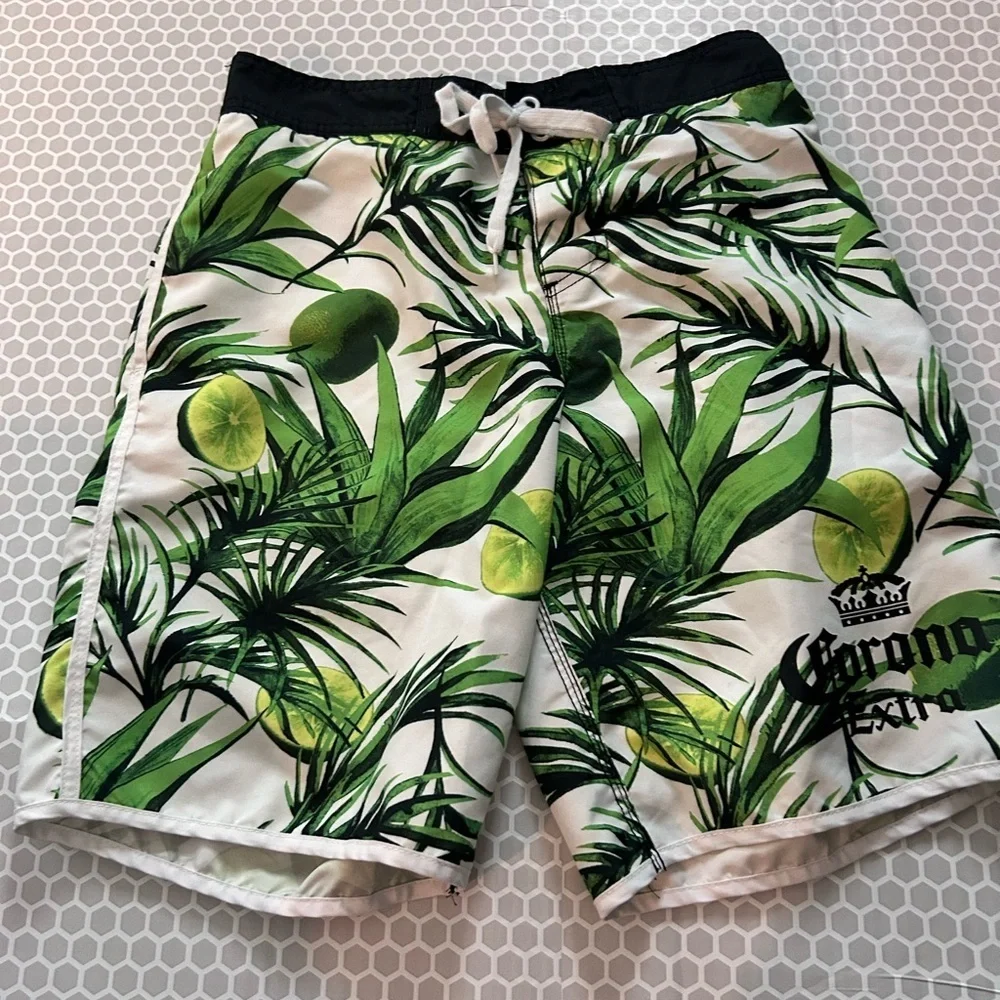 Corona Tropical Lime Print Swim Shorts - Green White Beach Summer Size M